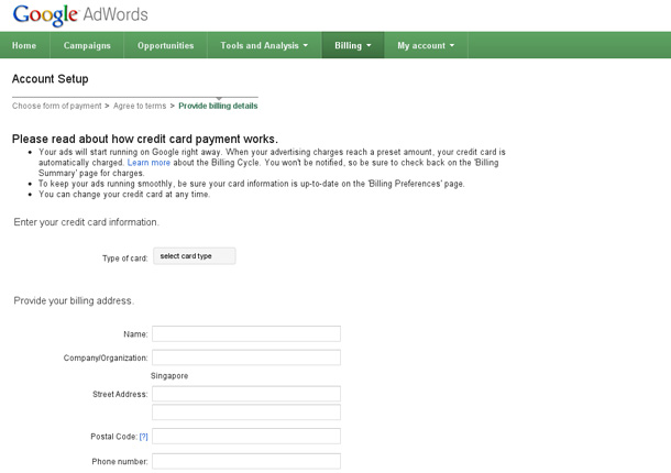 Google Adwords Account Setup