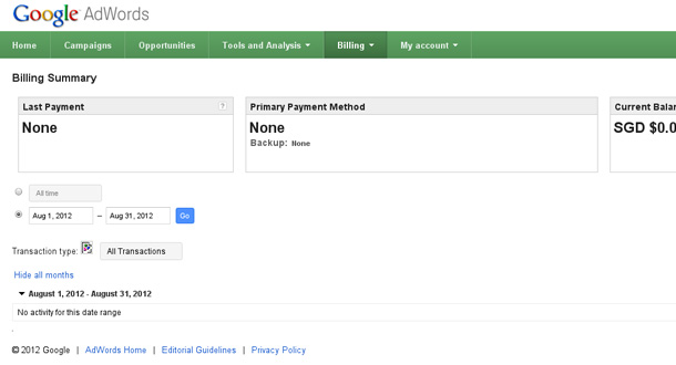 Google Adwords Billing Summary